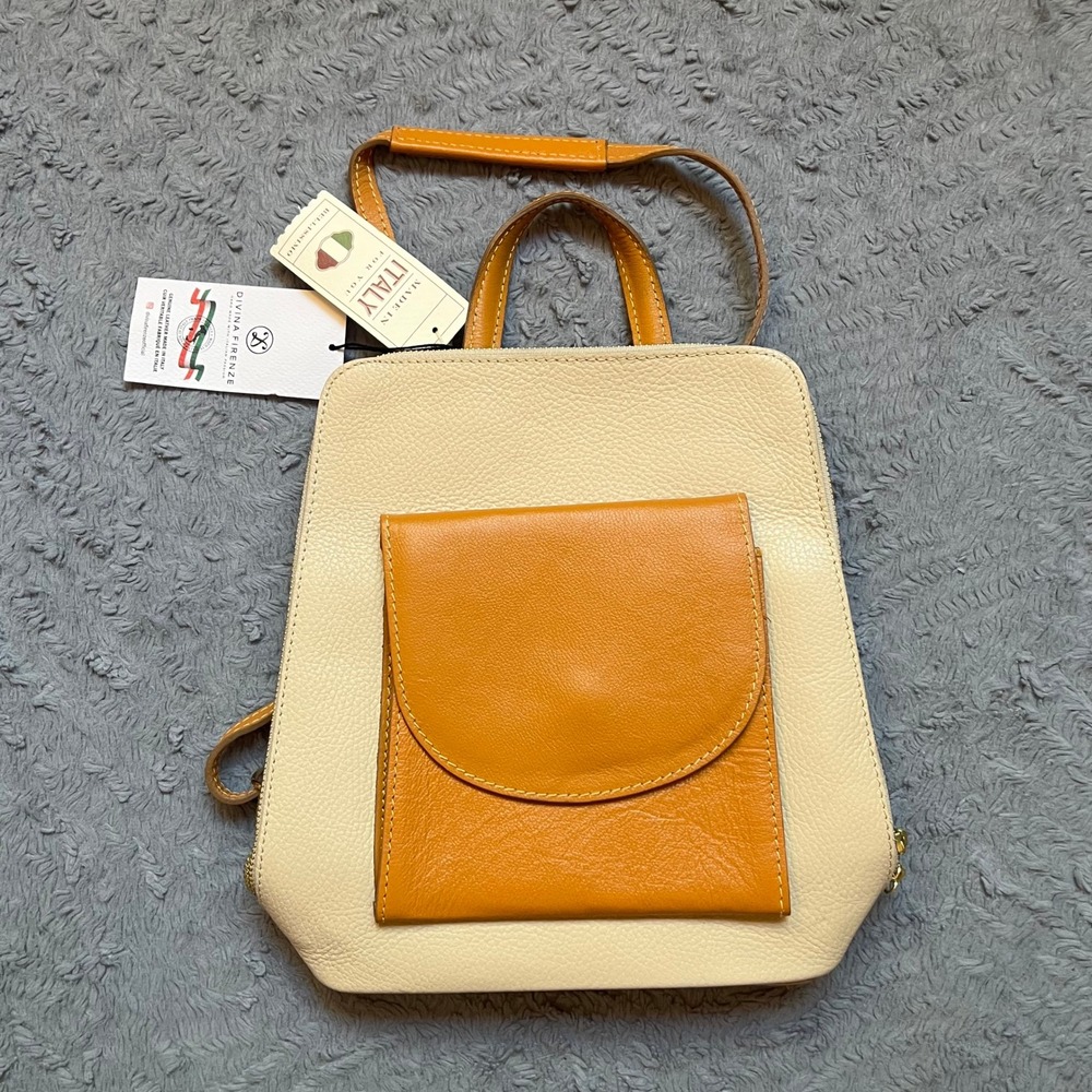 Divina Firenze Italian Leather Backpack Two Tone Cream Tan Made in Italy NWT